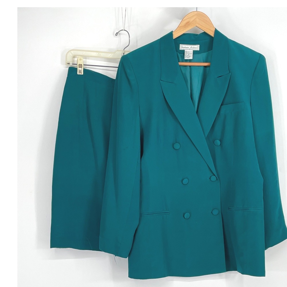 Vintage Stephanie Andrews Women 100% Silk Skirt Suit 12 Teal Double Breasted